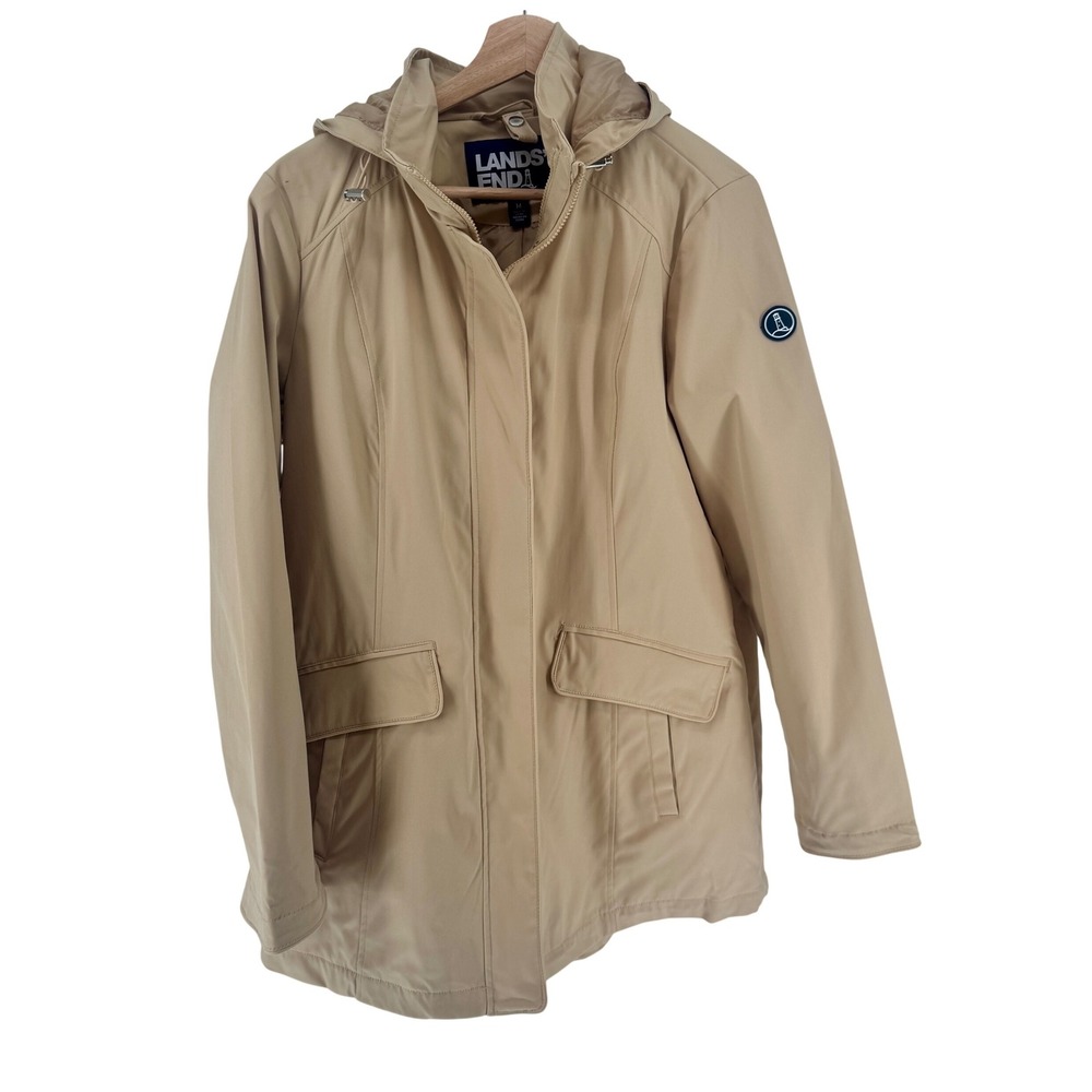 Lands End Womens Tan Khaki Hooded Raincoat Parka Jacket Size M RN 168874 - Picture 2 of 16